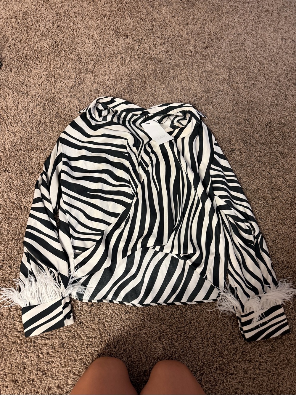 Zara Black and White Zebra Stripe Blouse with Feather Cuffs